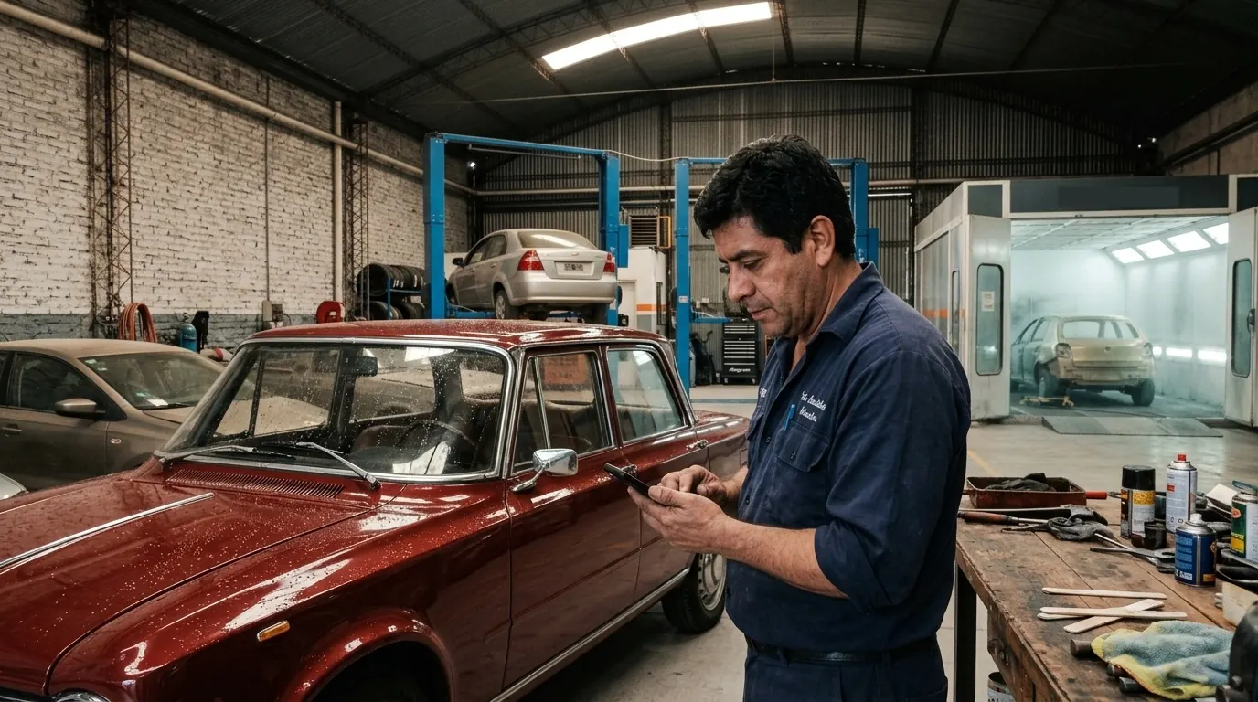 Dueño de un taller de chapa y pintura respondiendo un mensaje en el celular junto a un auto recién pintado