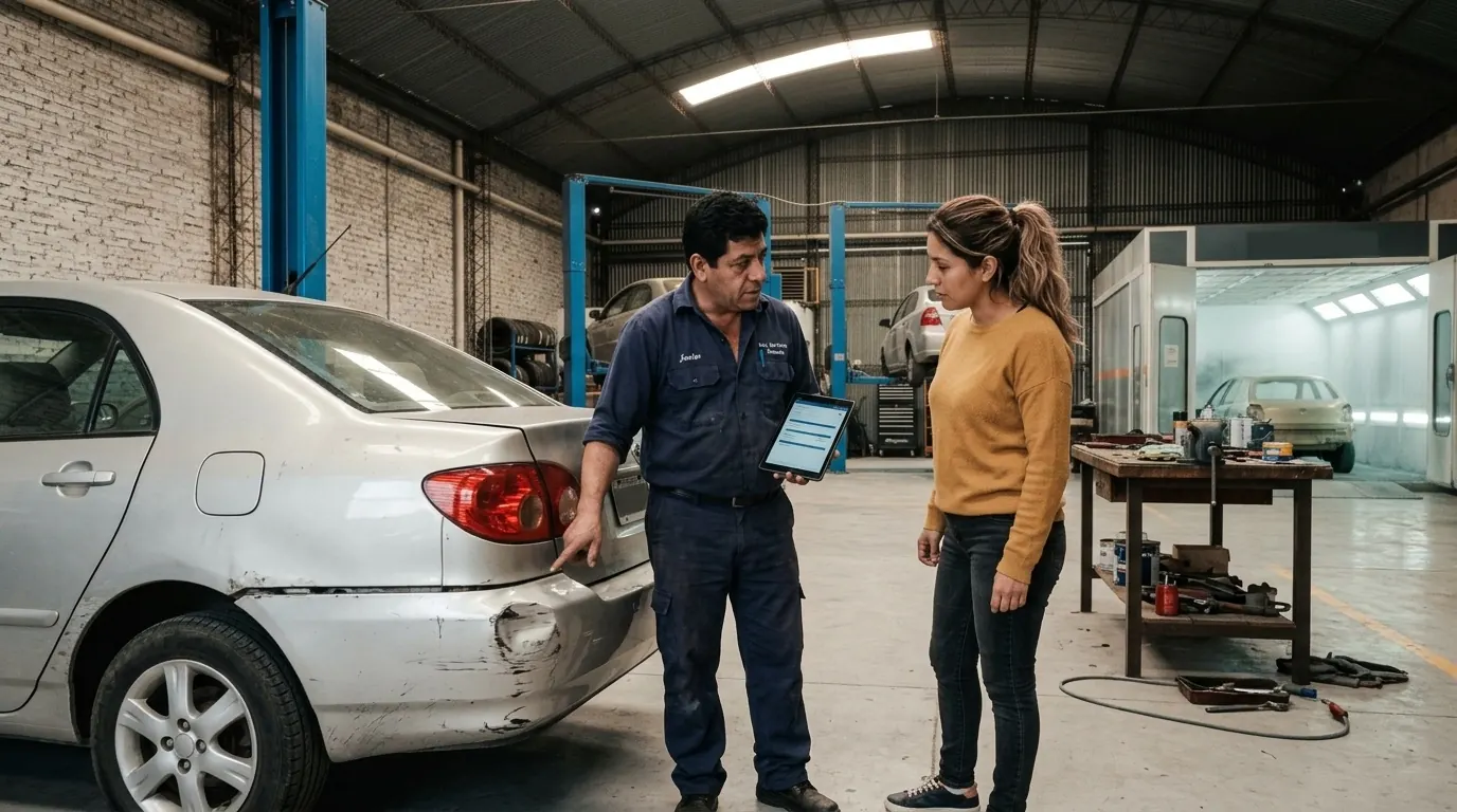 Dueño de taller explicando un presupuesto en una tablet a una clienta junto a su auto con el paragolpe golpeado