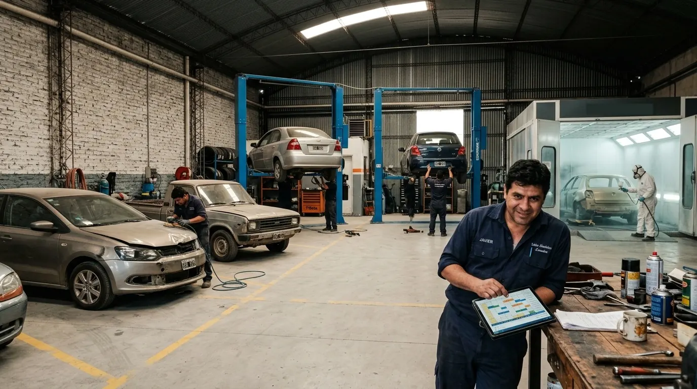 El mismo taller lleno de trabajo, con autos en los elevadores y la cabina de pintura funcionando