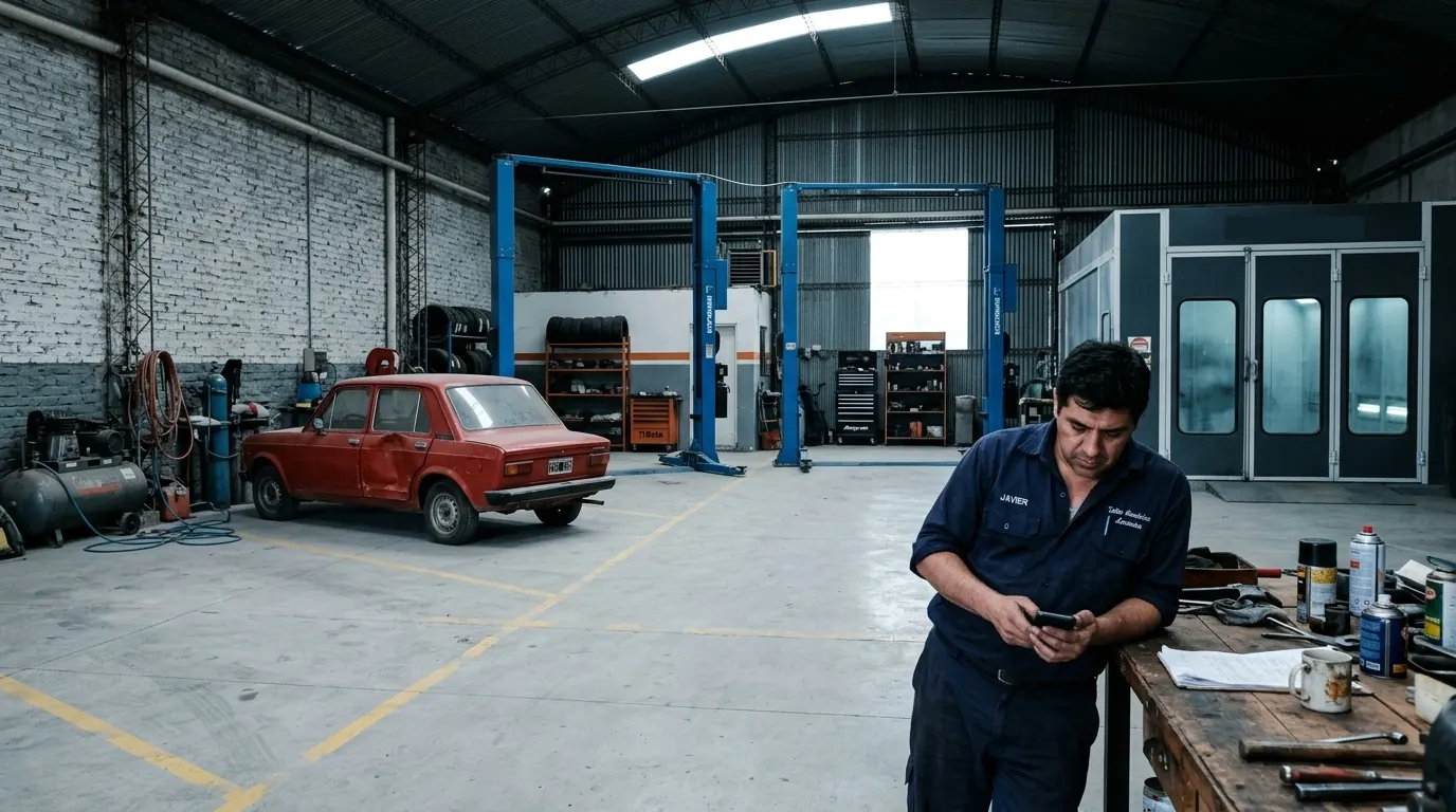Taller de chapa y pintura vacío, con los elevadores libres y la cabina de pintura apagada